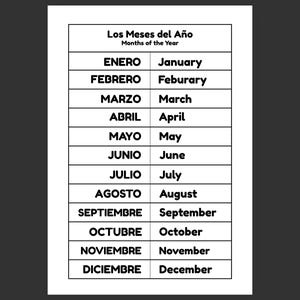 May include: A white educational chart with black text titled Los Meses del Año and Months of the Year. It features a two-column table listing the twelve months in Spanish and English, starting with Enero/January and ending with Diciembre/December.
