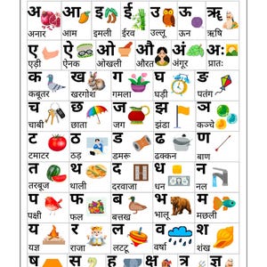 May include: A Hindi alphabet educational chart featuring black Devanagari script characters arranged in a grid. Each letter is paired with a colorful illustration of an object, animal, or person representing that sound, such as a pomegranate, owl, rabbit, and elephant.