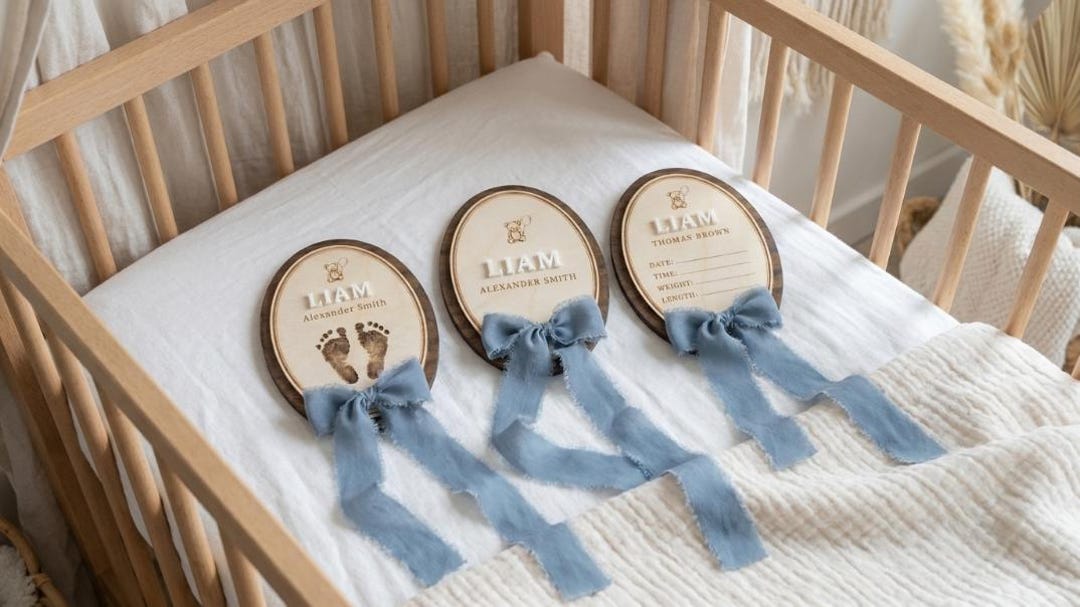 Personalized Baby Name Sign Set, Wooden Birth Announcement Plaque ...