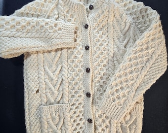 Vintage Handknits Irish Wool Cardigan Cream Aran Cable Knit Sweater Men M *flaw