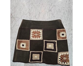 Genuine leather crochet mini skirt brown Sz7 lining side zipper