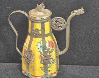 Vintage Chinese Porcelain Teapot Yellow Floral Dragon Metal Overlay Rat Finial