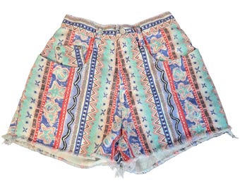 Vintage Mixed Blues 90s High Waist Tribal Print Denim Shorts Sz 5 Made in USA
