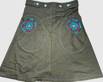 Vintage, Retro, Mod, Boho Chic Accent Wrap Skirt Olive Green A-Line Bzoing Small