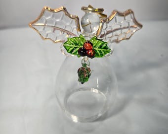 Vintage Hand Blown Glass Angel Bell Ornament Holly Berry Gold Trim 3.25 Inch