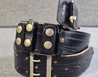 Vintage Black Leather Duty Utility Belt Double Prong Buckle Sz 36 Don Hume Mod