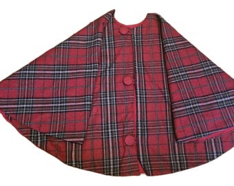 Vintage Womens Cape shawl Wool blend plaid Red Holiday