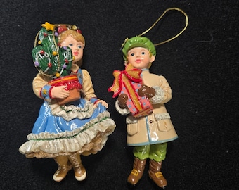 Vintage Victorian Boy and Girl Christmas Ornaments Resin Figurine Set of 2 Decor