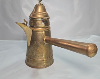 Vintage Brass Dallah Coffee Pot Etched Middle Eastern Ibrik Bird Finial w coffee