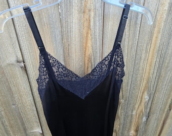 Vintage Full Slip Dress Nightgown Black Nylon Lace Trim Adjustable Straps Sz 34