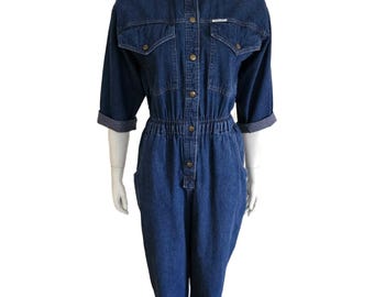 Vintage Dreams Denim Jumpsuit Womens M Blue Cotton Elastic Waist 3/4 sleeve 80's