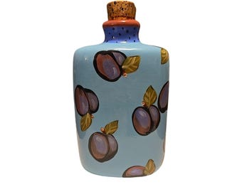 Droll Designs Hand Painted Ceramic Plum Bottle Decanter With Cork Blue Whimsical