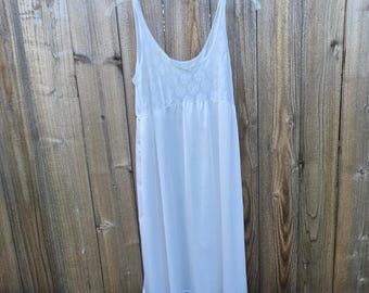 Vintage White Lace Full Slip Dress Made in USA Floral Trim Lingerie Size Large
