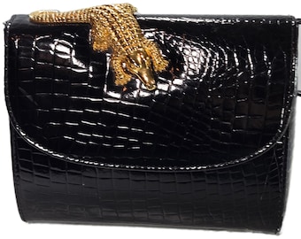 Sasha Vintage Croc Embossed Faux Leather Purse Brass Crocodile Figure Clasp Rare