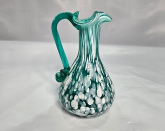 Vintage Hand Blown Art Glass Mini Pitcher Teal Green White Spatter Ruffled Rim