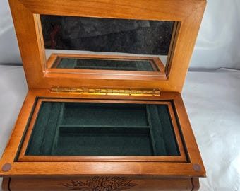 Vintage Wooden Jewelry Box Set W/Dividers Ornate Bowed Wood Case Feet Mirror