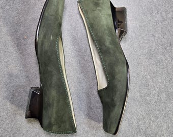 Pancaldi Vintage Green Suede Square Toe Low Block Heel Pumps Made in Italy Sz 9B