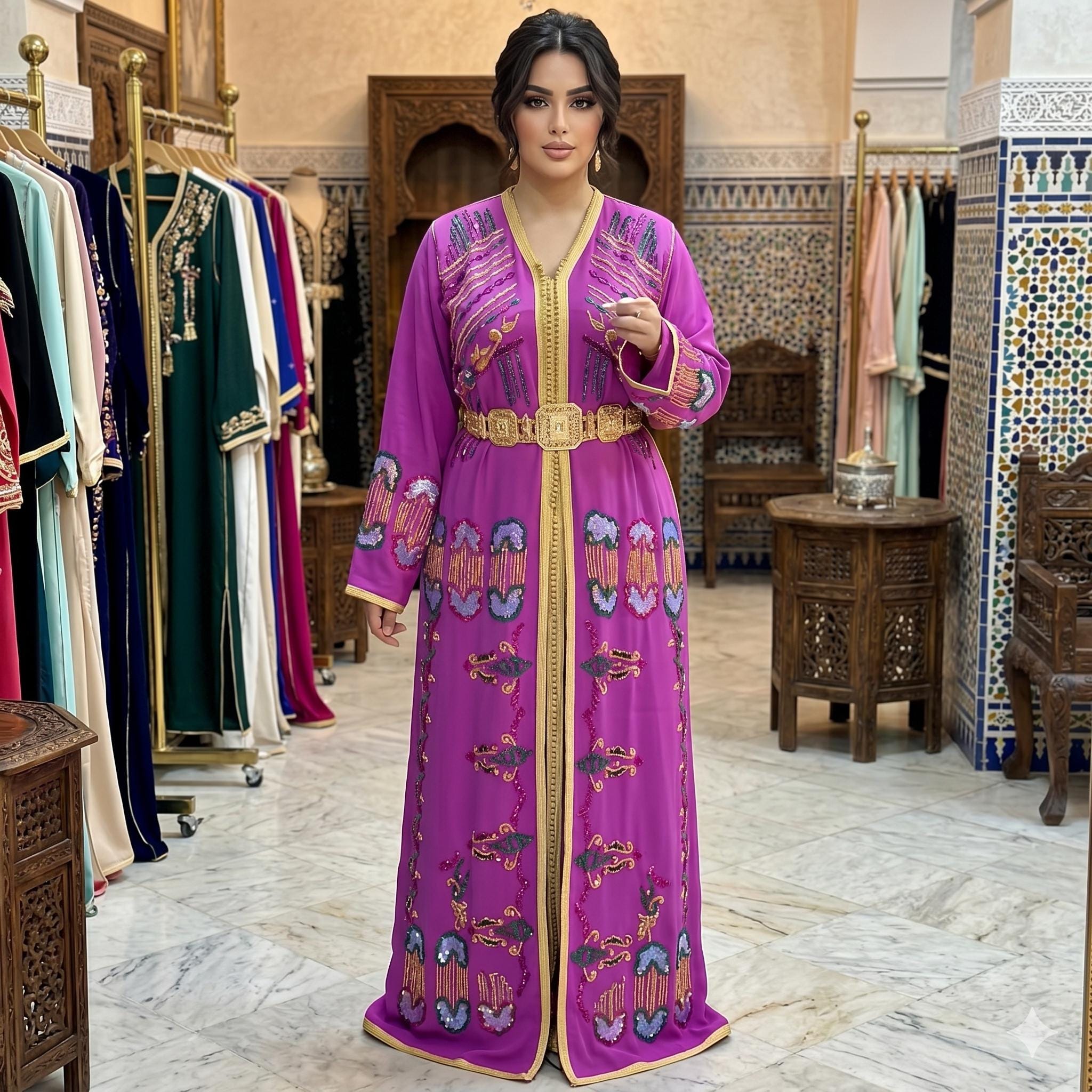 purple and gold kaftan dress Moroccan Caftan Purple Velvet Embroidered with Gold Kaftan, circa 1970