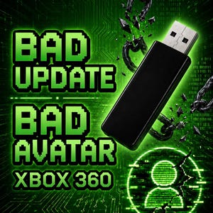 May include: A black USB flash drive positioned next to a broken metal chain and a glowing green digital avatar icon. The text BAD UPDATE BAD AVATAR XBOX 360 is displayed in a pixelated green font against a dark green background with binary code.