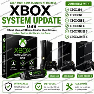 以下が含まれることがあります： Xbox System Update USBとラベル付けされた黒いUSBフラッシュドライブが、同じブランドの黒い箱と一緒に表示されています。画像には、Xbox 360、Xbox One、One S、One X、Series S、およびSeries Xコンソールとの互換性をリストしたテキストが含まれています。
