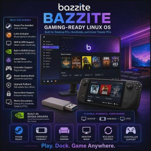 Peut inclure: Logiciel Bazzite gaming-ready Linux OS affiché sur un écran d'ordinateur et une console portable. L'image présente du texte détaillant des fonctionnalités comme Steam préinstallé, les pilotes NVIDIA et la prise en charge des manettes.