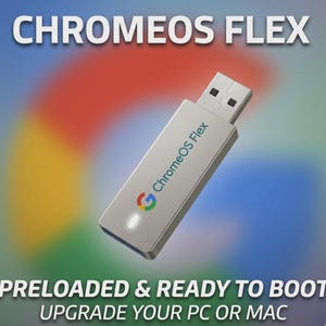 Może przedstawiać: Srebrny pendrive ChromeOS Flex z logo Google i napisem "ChromeOS Flex". Tło przedstawia kolorowy gradient czerwieni, żółci, niebieskiego i zieleni. Wyświetlany jest również tekst "PRELOADED & READY TO BOOT UPGRADE YOUR PC OR MAC".
