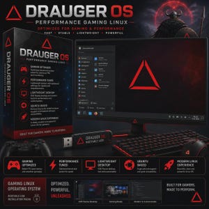Könnte beinhalten: Drauger OS bootfähiger USB-Stick und Verpackung in Schwarz und Rot. Der Bildschirm zeigt die KDE Plasma Desktop-Umgebung mit einem roten Dreieckslogo. Enthält einen Gaming-Controller, eine Tastatur und eine Maus mit roten Akzenten.