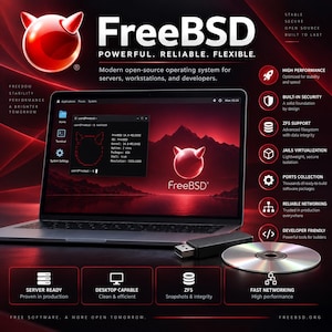 Könnte beinhalten: Ein Laptop mit der FreeBSD-Betriebssystemoberfläche und einem Terminalfenster mit Systeminformationen, begleitet von einem USB-Stick und einer Compact Disc, vor einem dunkelroten Hintergrund mit werblichem Text.