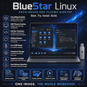 Puede incluir: Un portátil que muestra el sistema operativo BlueStar Linux con escritorio KDE Plasma, gestor de archivos y editor de código. Al lado hay una unidad USB plateada con un logotipo de estrella. El texto incluye BlueStar Linux, Arch-Based KDE Plasma Desktop y Boot. Try. Install. Build.
