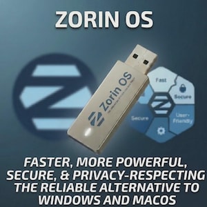 Puede incluir: Una unidad USB plateada con el texto "Zorin OS" y el lema "THE OPERATING SYSTEM YOU CAN TRUST." La imagen también incluye las palabras "Faster, More Powerful, Secure, & Privacy-Respecting" y "The Reliable Alternative to Windows and MacOS."