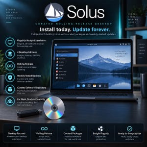 May include: A laptop displaying the Solus operating system interface with a mountain landscape wallpaper, alongside a silver optical disc and a black USB flash drive. The screen shows application menus and text including Solus, Install today. Update forever.