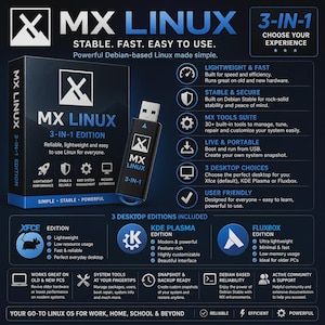 May include: A black USB flash drive labeled MX Linux 3-in-1 Edition next to its product box. The packaging features the MX Linux logo, text stating Stable, Fast, Easy to Use, and details about the Xfce, KDE Plasma, and Fluxbox desktop editions.