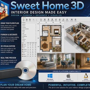 Puede incluir: Un paquete de software de diseño de interiores Sweet Home 3D con una unidad USB y un disco, que muestra un plano de planta 2D, diseños de casas en 3D e iconos de compatibilidad para Windows, macOS y Linux sobre un fondo azul oscuro.