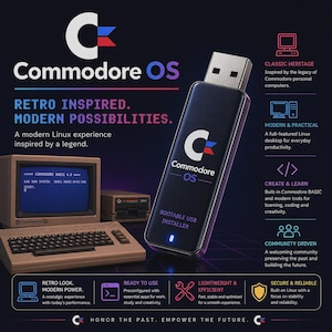 Może przedstawiać: Obraz promocyjny dla Commodore OS, z napędem USB, komputerem w stylu vintage i tekstem. Napęd USB jest czarny z logo Commodore OS. Tekst zawiera "Retro Inspired. Modern Possibilities."