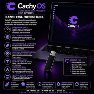 May include: A black USB flash drive positioned in front of an open laptop displaying the CachyOS logo. The image features purple text and icons detailing features of the Arch-based Linux distribution, including performance, kernel, and hardware optimization.
