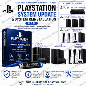 Peut inclure: Une clé USB noire étiquetée PlayStation Update & Reinstallation, accompagnée d'une boîte bleue et blanche portant le texte PlayStation System Update & System Reinstallation. L'image montre la compatibilité avec les consoles PS3, PS4 et PS5.