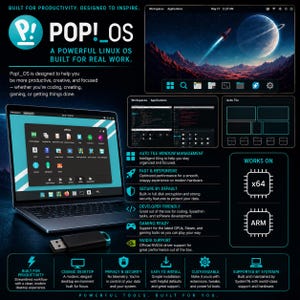 Puede incluir: Un gráfico promocional de Pop!_OS que muestra un portátil con la interfaz del sistema operativo, una unidad USB y texto que detalla características como la gestión automática de ventanas, seguridad y compatibilidad de hardware x64 y ARM.