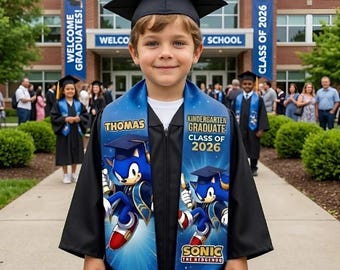 Personalized Sonic Graduation Stole, Blue Hedgehog Inspired Grad Sash, Personalized Name Preschool Kindergarten Gift