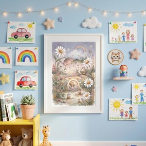 May include: A framed watercolor print of a whimsical mushroom house scene with daisies, a rainbow, and an owl. The room is decorated with children's drawings, star and cloud-shaped decorations, and a yellow shelf with toys and books.
