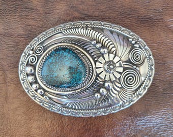 Vintage Navajo Sterling Silver Kingman Spiderweb Turquoise Belt Buckle Artisan Handmade - Signed L - 76.2g