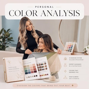 May include: A promotional image for personal color analysis. The image features two women, color swatches, and printed materials. Text includes "Personal Color Analysis", "Your Colors, Your Confidence", and "Discover the Colors That Bring Out Your Best".
