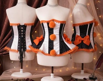 Corsetto a righe bianche e nere, pon-pon arancioni, corpetto da cosplay da Arlecchino, alternativa al costume da circo.