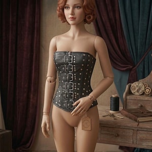 May include: A black leather corset with silver rivets and buckles. The corset is worn by a doll with red hair. The doll is standing in front of a dark curtain. A tag hangs from the corset.