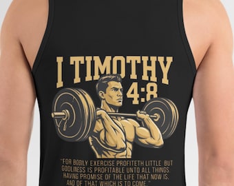 Débardeur chrétien pour homme Verset biblique LSG I Timothée 4:8 Chemise de sport Faith Fitness Vêtements Ecriture débardeur d'entraînement Cadeau religieux pour lui