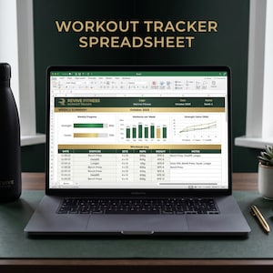 Pode incluir: Um laptop exibindo uma planilha de controle de treino com o texto "Workout Tracker Spreadsheet". Uma garrafa de água preta, uma pequena planta em vaso, uma caneta e fones de ouvido sem fio estão na mesa. A planilha mostra dados de exercícios e gráficos de progresso.