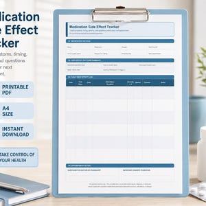 May include: A blue clipboard holds a medication side effect tracker. The tracker includes sections for medication details, side effect patterns, and daily side effect lists. Text on the left side reads "Medication Side Effect Tracker".
