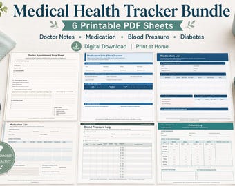 Medical Health Tracker Bundle Printable Medication Blood Pressure Diabetes Log PDF