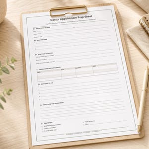 Può includere: Un foglio di preparazione per appuntamenti medici in carta bianca con testo e linee nere, fissato su una cartellina in legno marrone chiaro. Il documento include sezioni per i dettagli dell'appuntamento, sintomi e farmaci.