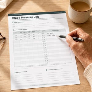 May include: A white paper Blood Pressure Log form with black text and grid lines. The form includes sections for patient information, readings, and notes. A black pen is writing on the paper, which is placed next to tortoise shell glasses.
