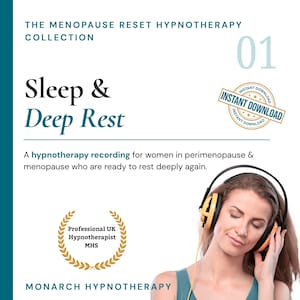 Op de afbeelding: Afbeelding die een hypnotherapie-opname voor slaap en diepe rust promoot. De tekst luidt "Sleep & Deep Rest" en "Instant Download". Een vrouw met een koptelefoon is te zien. Onderdeel van "The Menopause Reset Hypnotherapy Collection".